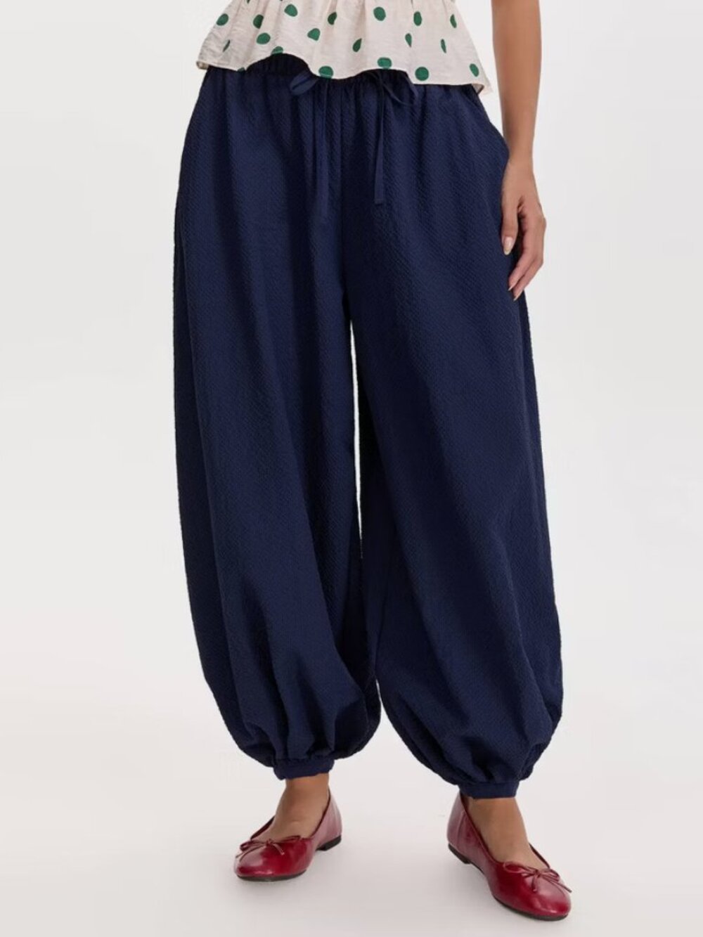 Women's Mid-Rise Drawstring Balloon Pants - A New Day Navy Blue Check S